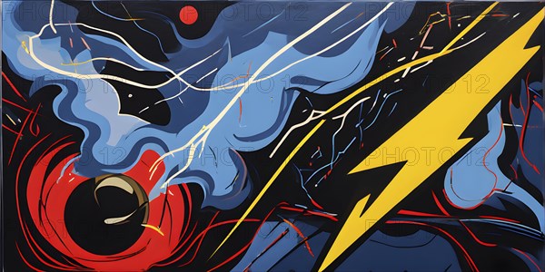 Abstract pop art comic illustration in vibrant colors with thunderbolt crackling across the canvas, AI generated