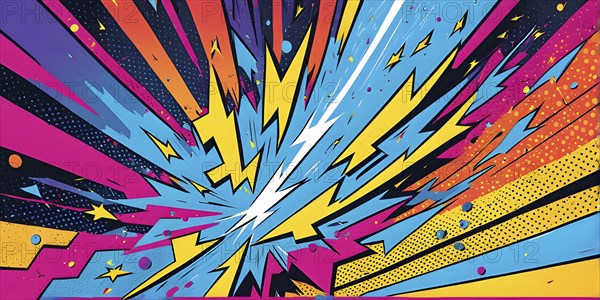 Abstract pop art comic illustration in vibrant colors with thunderbolt crackling across the canvas, AI generated
