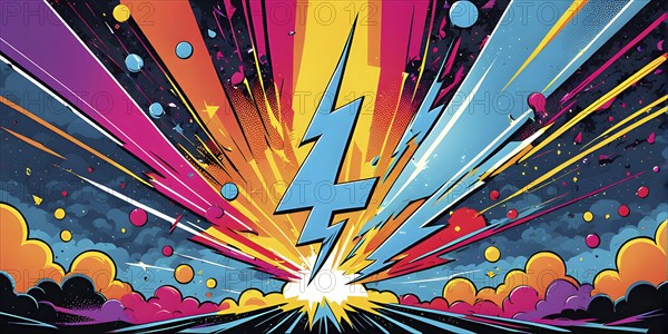 Abstract pop art comic illustration in vibrant colors with thunderbolt crackling across the canvas, AI generated