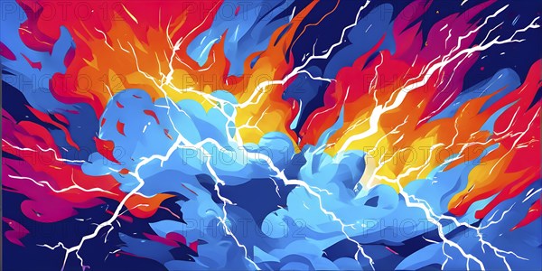 Abstract pop art comic illustration in vibrant colors with thunderbolt crackling across the canvas, AI generated