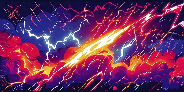 Abstract pop art comic illustration in vibrant colors with thunderbolt crackling across the canvas, AI generated