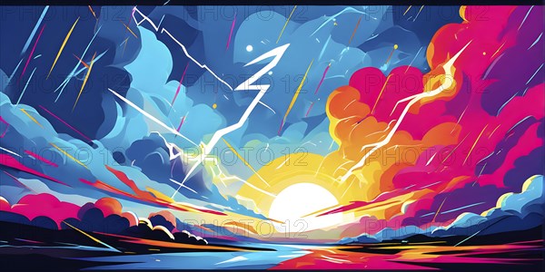 Abstract pop art comic illustration in vibrant colors with thunderbolt crackling across the canvas, AI generated