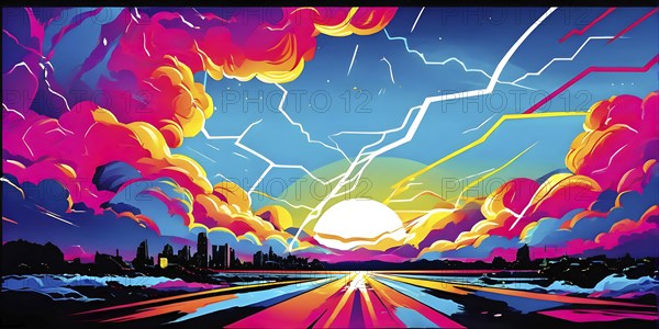 Abstract pop art comic illustration in vibrant colors with thunderbolt crackling across the canvas, AI generated
