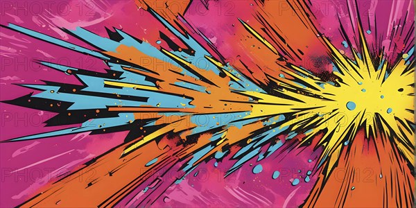 Abstract pop art comic illustration in vibrant colors with thunderbolt crackling across the canvas, AI generated