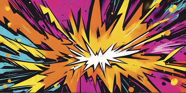 Abstract pop art comic illustration in vibrant colors with thunderbolt crackling across the canvas, AI generated