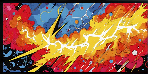 Abstract pop art comic illustration in vibrant colors with thunderbolt crackling across the canvas, AI generated