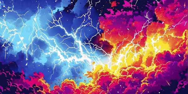 Abstract pop art comic illustration in vibrant colors with thunderbolt crackling across the canvas, AI generated