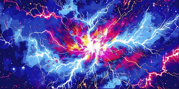 Abstract pop art comic illustration in vibrant colors with thunderbolt crackling across the canvas, AI generated