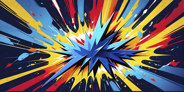 Abstract pop art comic illustration in vibrant colors with thunderbolt crackling across the canvas, AI generated