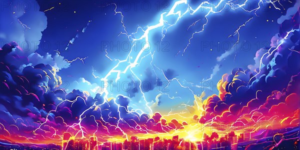 Abstract pop art comic illustration in vibrant colors with thunderbolt crackling across the canvas, AI generated