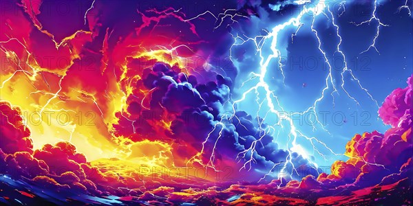 Abstract pop art comic illustration in vibrant colors with thunderbolt crackling across the canvas, AI generated