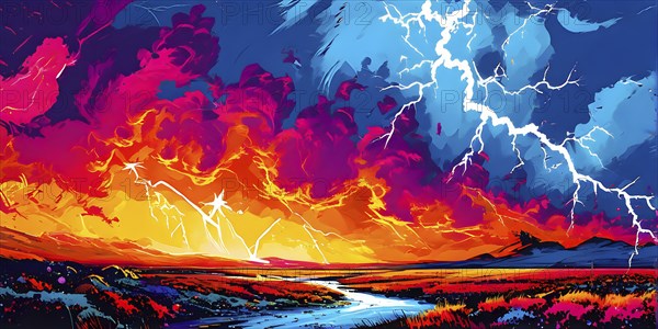 Abstract pop art comic illustration in vibrant colors with thunderbolt crackling across the canvas, AI generated