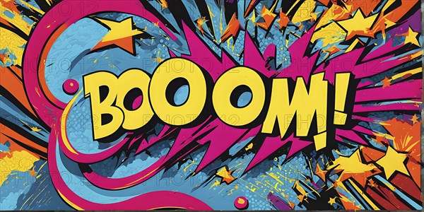 Abstract pop art comic illustration in vibrant colors with thunderbolt crackling across the canvas, AI generated