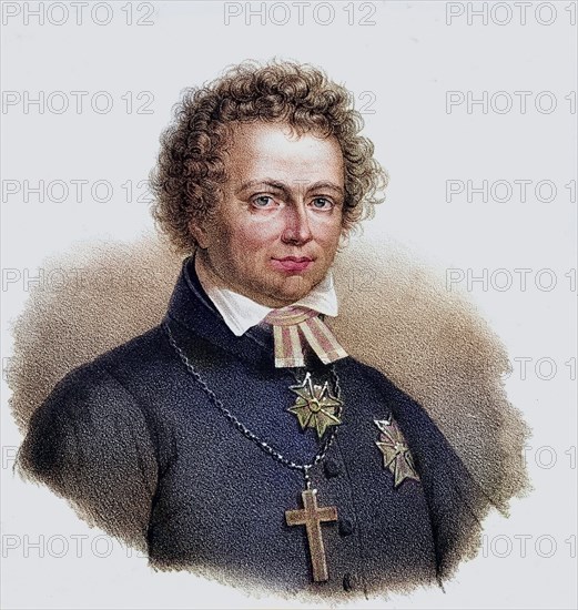 Esaias Tegner, 1782-1846, Swedish poet. Lithograph from the 19th century by Em. Baerentzen & Co. From the book Figaro. Journal for Literature, Art and Music by Georg Garstensen. Published in 1841, digitally restored reproduction from a 19th century original, record date not stated