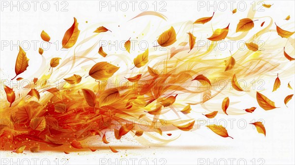 Dynamic yellow and orange autumn leaves falling against a white background in an artistic watercolor style, AI generated