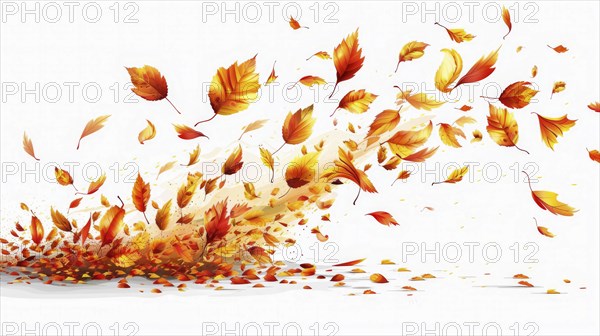 Golden autumn leaves swirling and falling on a white background in a dynamic watercolor style, AI generated