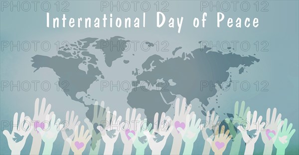 Hand with dove and heart, international peace day, faith, freedom, charity and help concept, humanitarian aid, world map