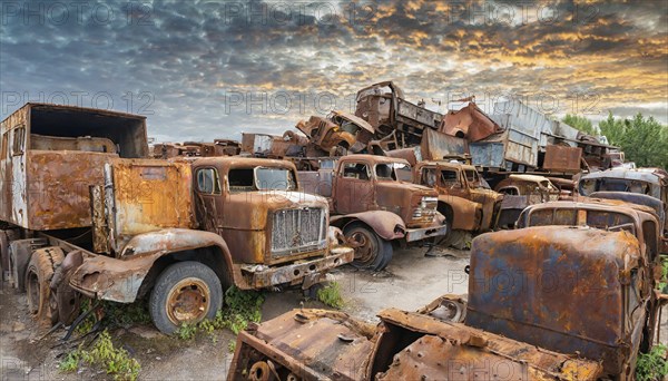 A collection of rusty lorries in a scrapyard, with a dramatic sky in the background, symbol photo, AI generated, AI generated