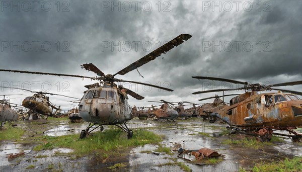 A group of rusty, abandoned helicopters on a wet and overgrown terrain under a cloudy sky, symbolic photo, AI generated, AI generated