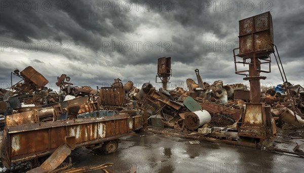Rusted machinery and metal debris in a scrapyard under a dramatic sky, symbolic photo, AI generated, AI generated