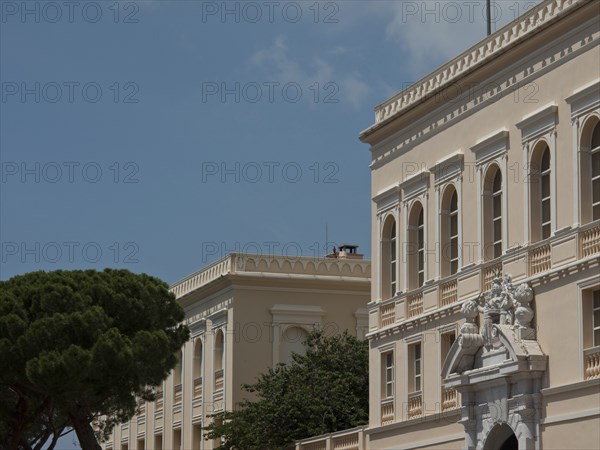 Part of a historic building with large windows, arches and a neighbouring tree against a blue sky, monte carlo, monaco, france