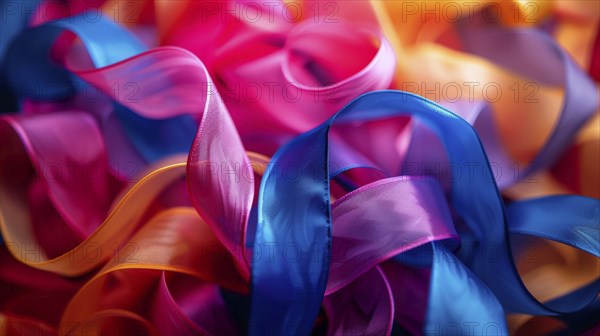 Intertwined colorful ribbons in shades of blue, pink, purple, and orange with fabric texture, AI generated