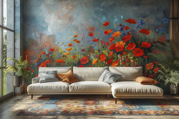 Modern living space in which the country house style is combined with modernism and luxury minimalism. Central European, German environment. AI generated, AI generated
