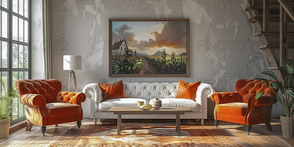 Modern living space in which the country house style is combined with modernism and luxury minimalism. Central European, German environment. AI generated, AI generated