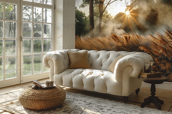 Modern living space in which the country house style is combined with modernism and luxury minimalism. Central European, German environment. AI generated, AI generated