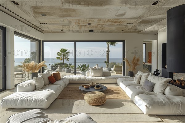 Modern living space in the style of modernism and luxury minimalism in a Mediterranean setting. AI generated, AI generated