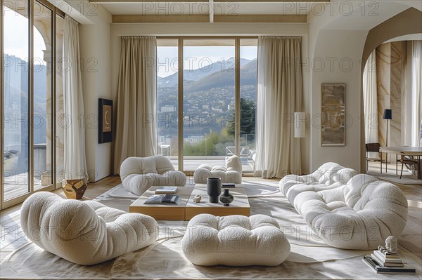 Modern living space in the style of modernism and luxury minimalism in a Mediterranean setting. AI generated, AI generated