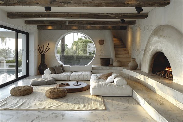 Modern living space in the style of modernism and luxury minimalism. Partly organic, flowing architecture in a Mediterranean setting. AI generated, AI generated