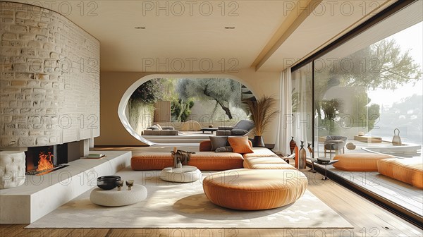 Modern living space in the style of modernism and luxury minimalism in a Mediterranean setting. AI generated, AI generated