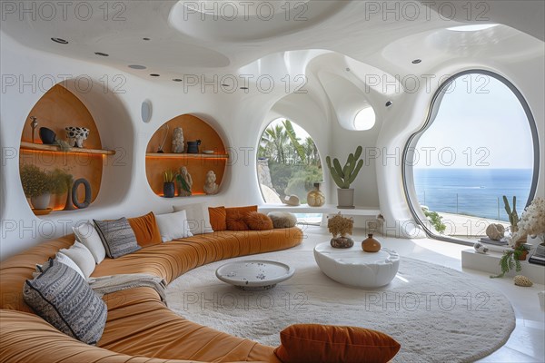 Modern living space in the style of modernism and luxury minimalism. Organic, flowing architecture in a Mediterranean setting. AI generated, AI generated