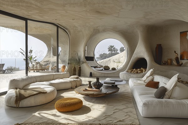 Modern living space in the style of modernism and luxury minimalism. Organic, flowing architecture in a Mediterranean setting. AI generated, AI generated
