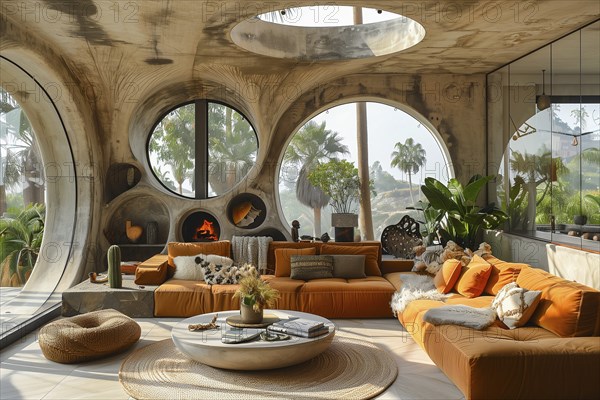 Modern living space in the style of modernism and luxury minimalism. Organic, flowing architecture in a Mediterranean setting. AI generated, AI generated