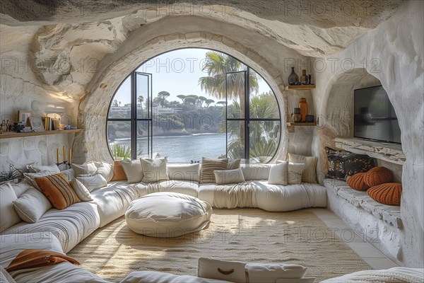 Modern living space in the style of modernism and luxury minimalism. Organic, flowing architecture in a Mediterranean setting. AI generated, AI generated