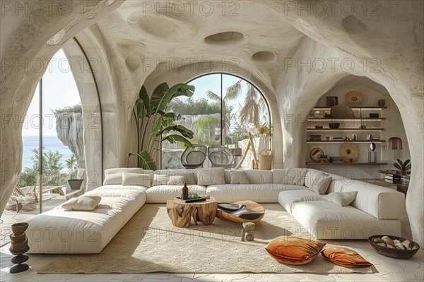 Modern living space in the style of modernism and luxury minimalism. Organic, flowing architecture in a Mediterranean setting. AI generated, AI generated
