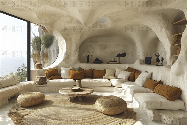 Modern living space in the style of modernism and luxury minimalism. Organic, flowing architecture in a Mediterranean setting. AI generated, AI generated