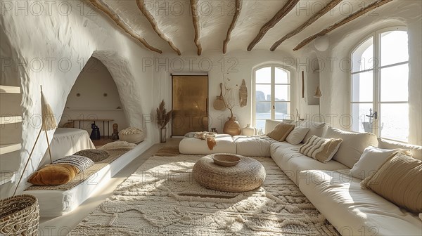Modern living space in the style of modernism and luxury minimalism. Organic, flowing architecture in a Mediterranean setting. AI generated, AI generated