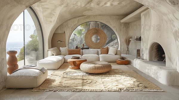 Modern living space in the style of modernism and luxury minimalism. Organic, flowing architecture in a Mediterranean setting. AI generated, AI generated