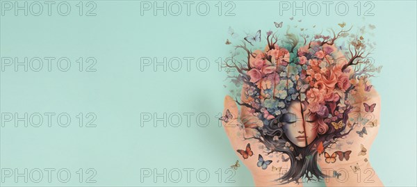Human mind with flowers and butterflies growing from a tree, positive thinking, creative mind, self care and mental health concept