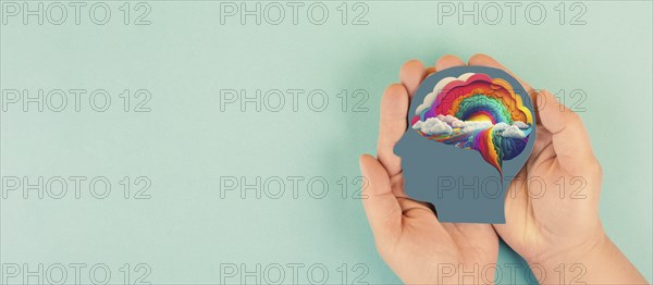 Brain with rainbow cloud, creativity explosion of ideas, positive thinking mind, self identidy and wave of imagination