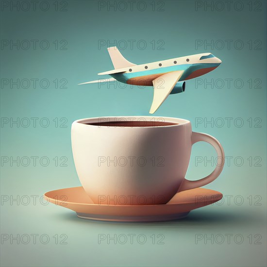 Airplane is flying over a cup of coffee, travel and vacation concept, holiday trip