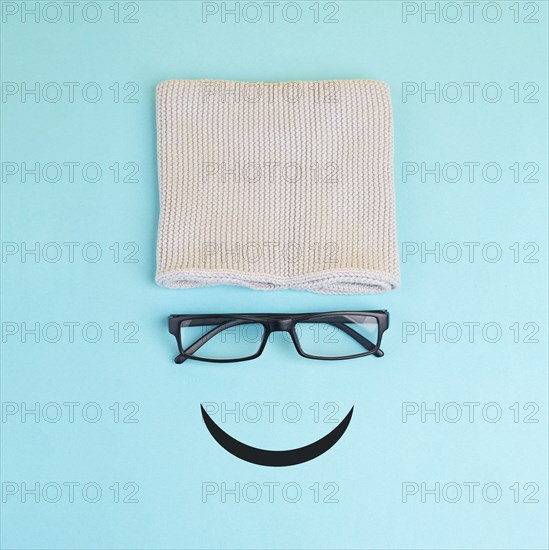 Happy smiling face with eyeglasses and hat, mental health concept, positive mindset, support and evaluation symbol