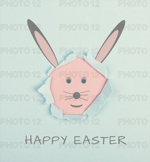 Happy easter, cute bunny greeting card, invitation for the holiday, pastel colored cartoon