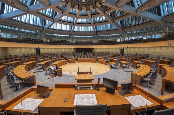 The empty plenary chamber of the North Rhine-Westphalia state parliament in Düsseldorf, North Rhine-Westphalia, Germany, Europe
