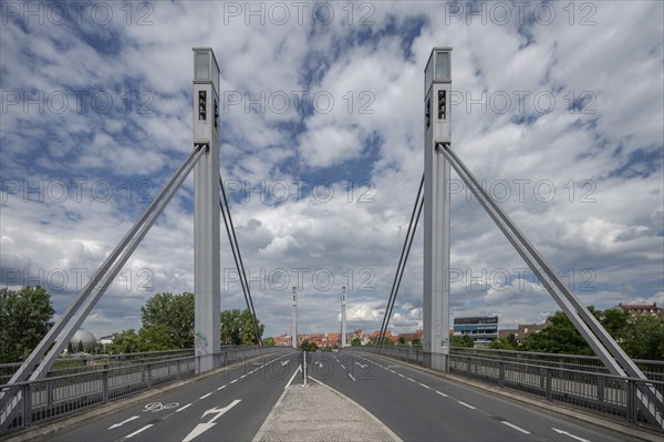 Lion Bridge spans the Regnitz, completed in 2009, Bamberg, Upper Franconia, Bavaria, Germany, Europe