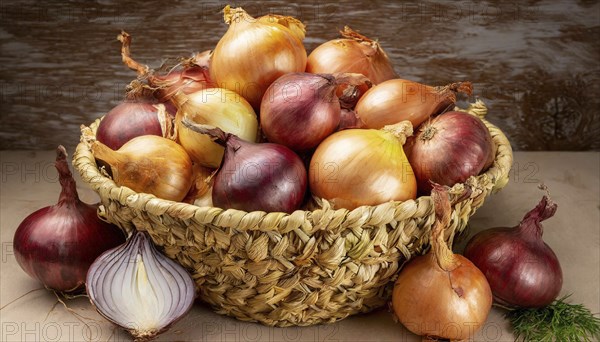 Vegetable, onion, Allium cepa, many ripe onions in a basket