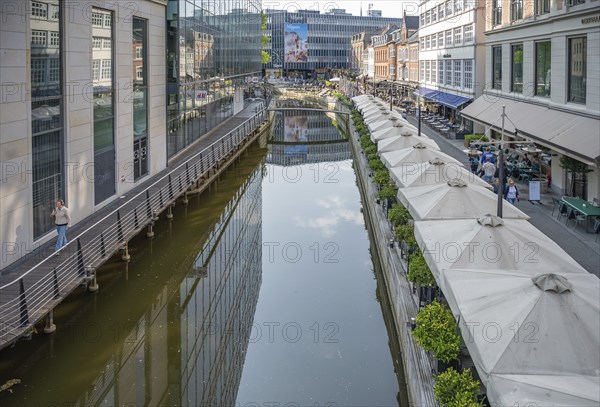 Aarhus City center with river and shopping street with lots of stores and restaurants, vertical shot, Denmark, Europe